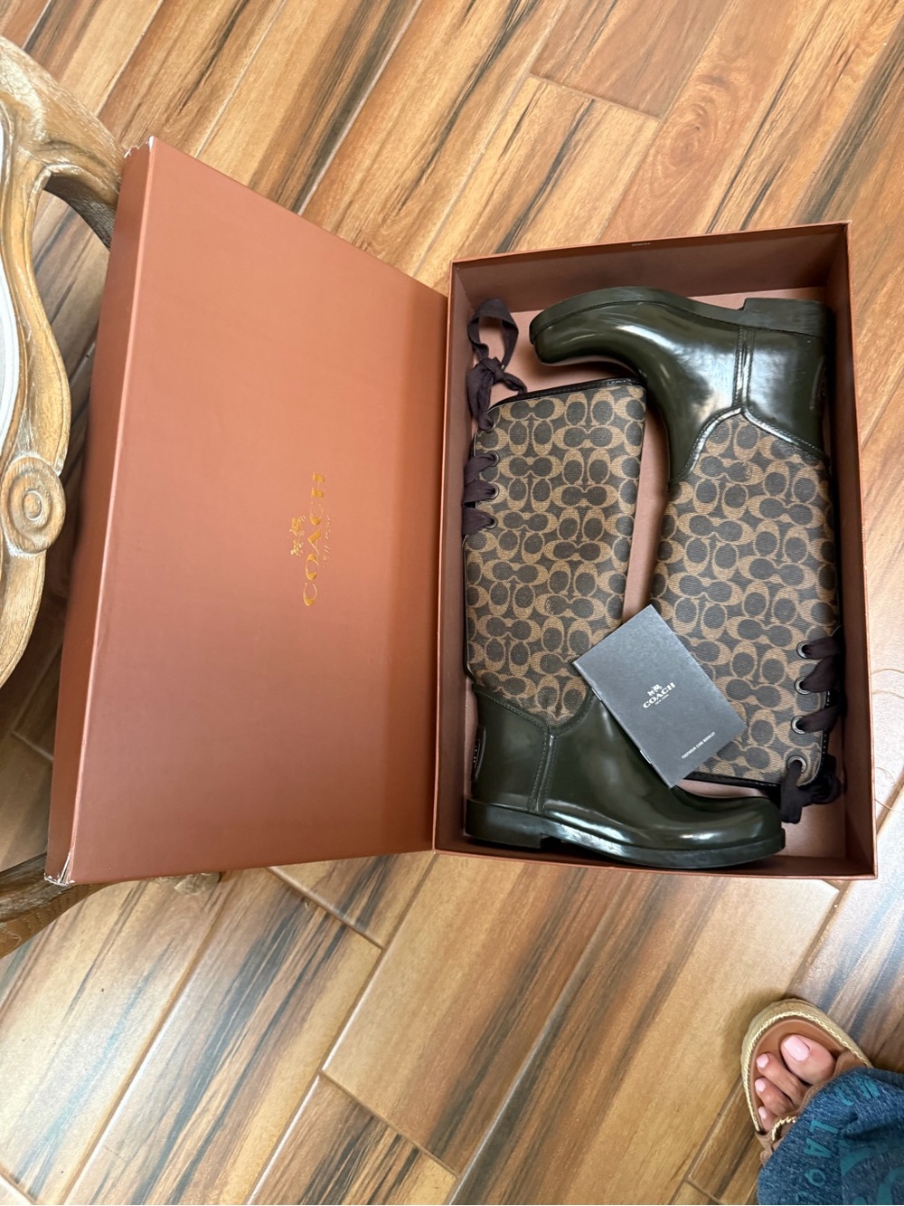 Coach Brown Signature Canvas and Dark Green Leather Lace-Up Boots